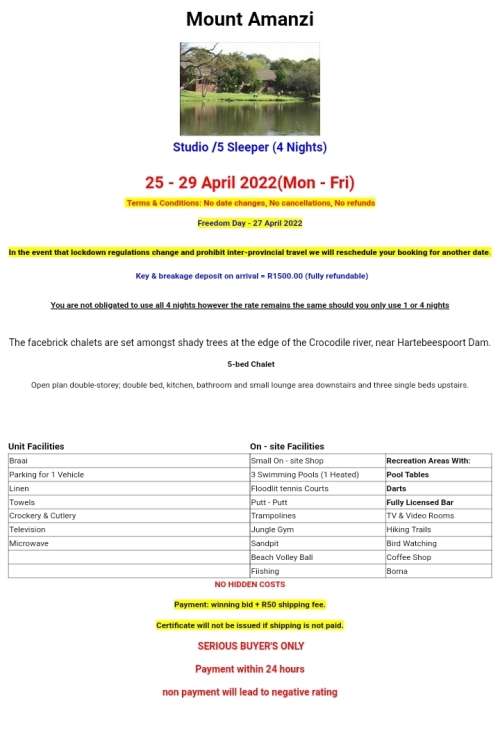 MIDWEEK @ MOUNT AMANZI FROM 25-29 APRIL 2022 (4NIGHTS) STUDIO/SLEEPS 5