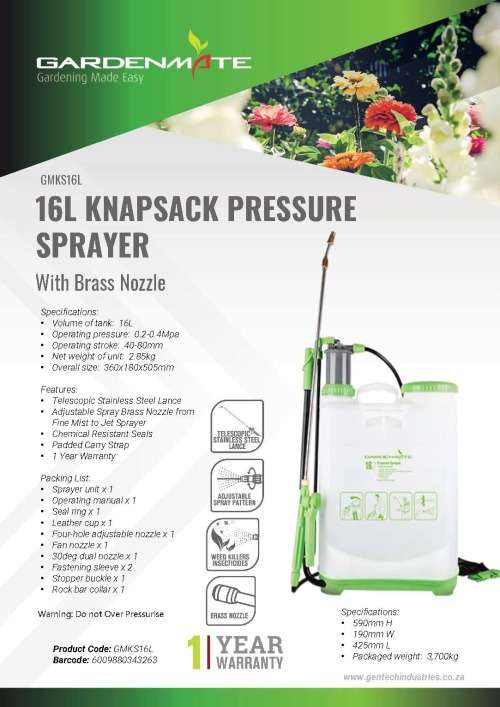 GARDENMATE 16L KNAPSACK SPRAYER LANCE & BRASS WITH STAINLESS STEEL TELESCOPIC