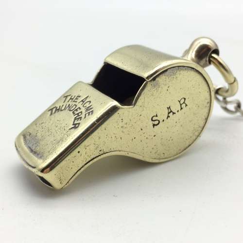 Antique Solid Silver Fob Chain with a S.A. Railways Brass `ACME THUNDERER` Whistle