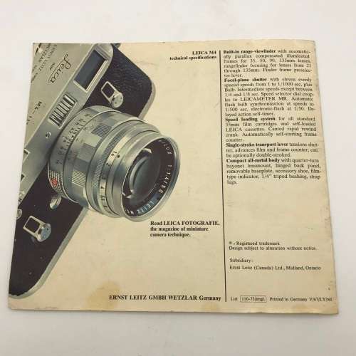 Early `Leica M4` Camera & Accessories Booklet