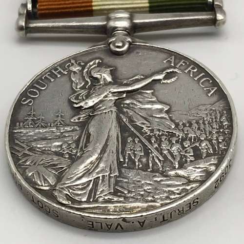 Boer War - K.S.A. Medal (2 clasps) `SERJT. A. VALE - Scottish Rifles`