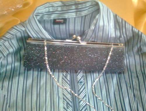 SILVER, BLACK & GREY LONG SLEEVE SHIRT WITH BLACK GLITTER HANDBAG