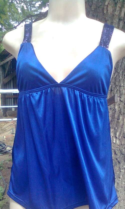 BLUE TOP WITH SEQUIN STRAPS (NEW) - SIZE: MEDIUM