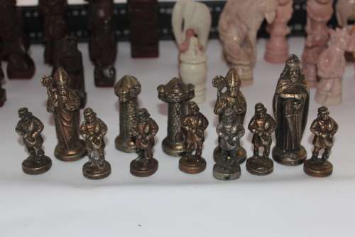 AMAZING LOT! 39 CHESS PIECES INCL. HAND CARVED WOODEN CHINESE, HANDCARVED STONE & VINTAGE CAST METAL