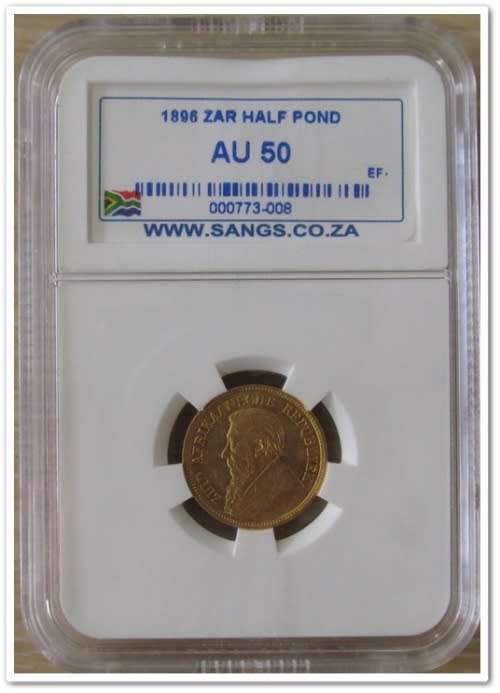 KRUGER GOLD..1896 ZAR HALFPOND GRADED AU50