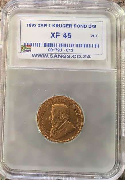 1892 ZAR KRUGER GOLD D/S POND SANGS GRADED XF45