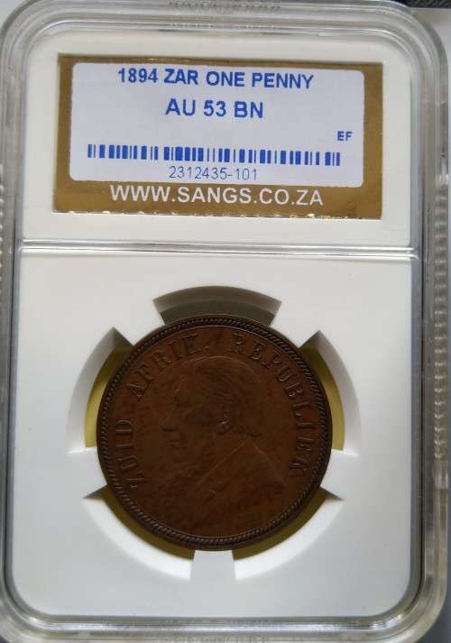 1894  ZAR KRUGER PENNY. SANGS GRADED AU53BN