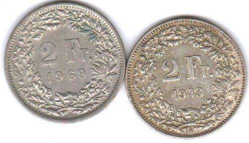 1943 2 Fr. Franken - Switzerland (Silver .835) and 1969 FOR FREE