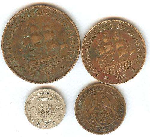 1949 SA UNION PENNY, HALF PENNY, FARTHING AND THREE PENCE