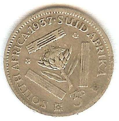 1937 3d SILVER .8 THREEPENCE : Tickey : South Africa : As per scan