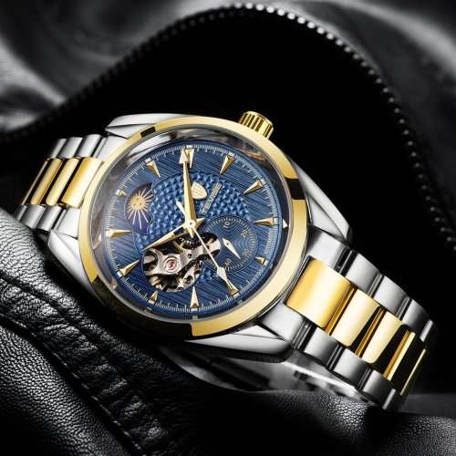 Tevise Fashion Mechanical Watch Men Moonphase Design Top Brand Golden Stainless Steel Strap Skeleton