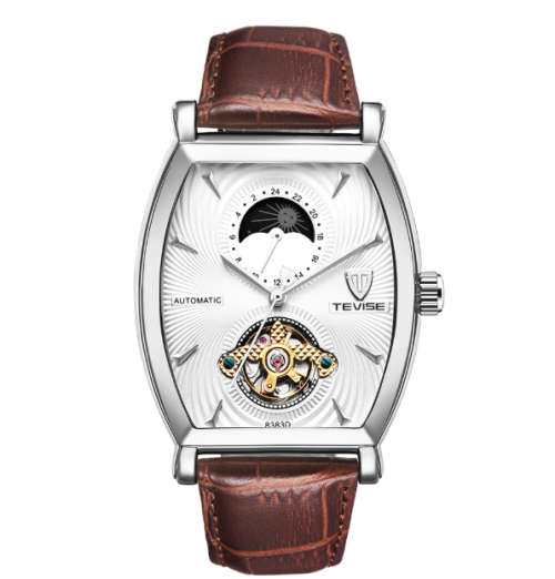 TEVISE Luxury Automatic Mechanical Men Watch Waterproof Moon Phase Watches Genuine Leather Self-Wind