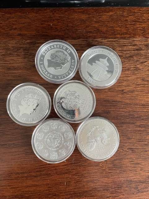 7 various one ounce Silver bullion coins uncirculated the whole lot