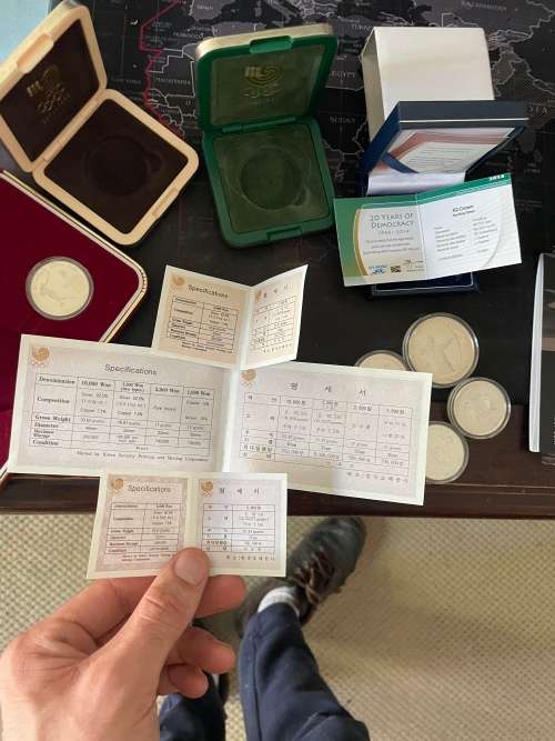 5 Troy ounces of proof silver all 0.925 SA mint, Mandela R50, Korean silver coins