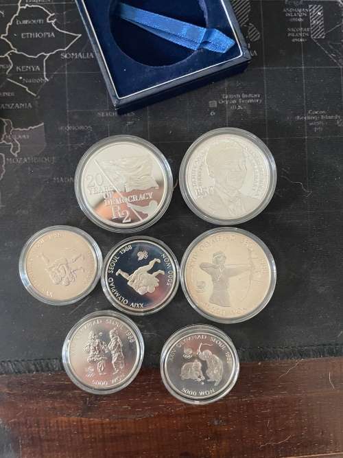 5 Troy ounces of proof silver all 0.925 SA mint, Mandela R50, Korean silver coins