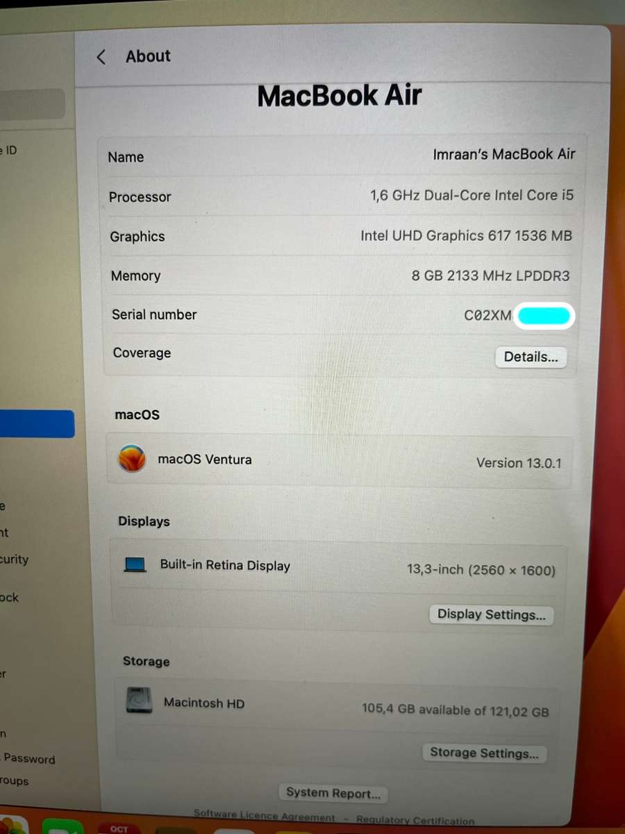 Macbook Air 13` - 2018 - Retina display - 8Gb Ram - 128gb SSD