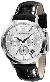 Emporio Armani Men's Silver Black Leather Stainless Steel Watch