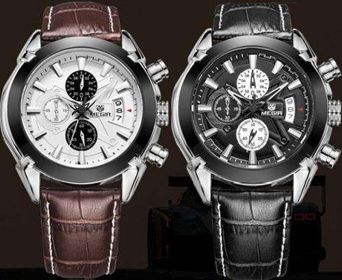 MEGIR Men's Leather Stainless Steel Full Chronograph Watch