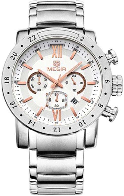 MEGIR Men's Silver Stainless Steel Full Chronograph Watch