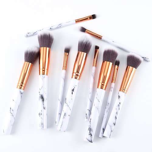 Women's Marble Facial Makeup 10 Piece Brush Sets with Bag - 2 COLORS