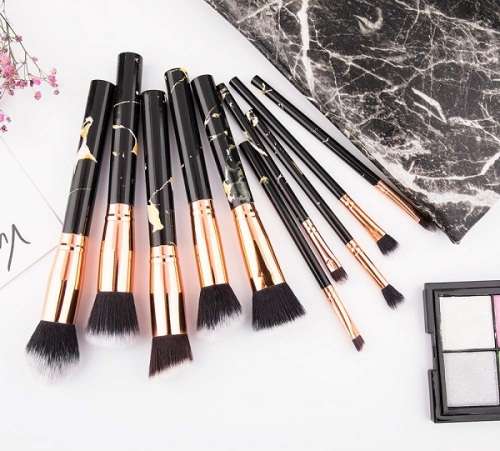 Women's Marble Facial Makeup 10 Piece Brush Sets with Bag - 2 COLORS