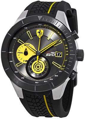 FERRARI Men's Red Rev Chronograph Black Dial Stainless Steel Watch - BRAND NEW