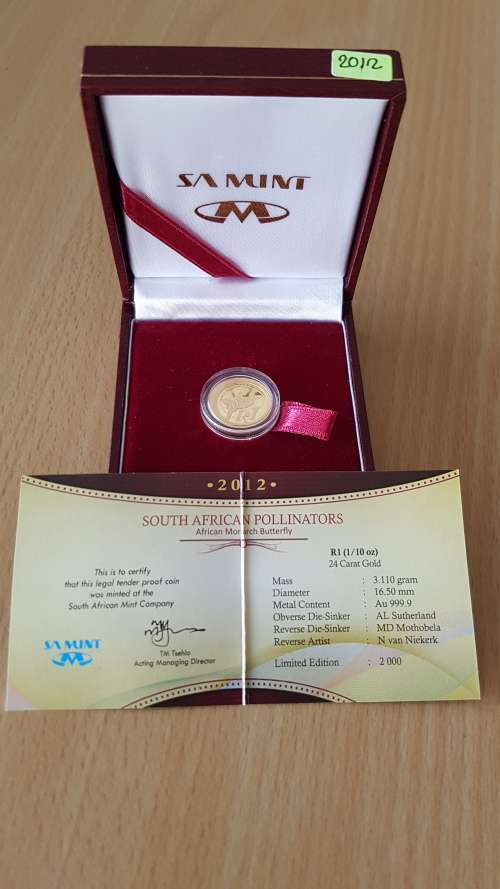 2012 SOUTH AFRICAN POLLINATORS - AFRICAN MONARCH BUTTERFLY R1 (1/10 OZ 24CT GOLD COIN)