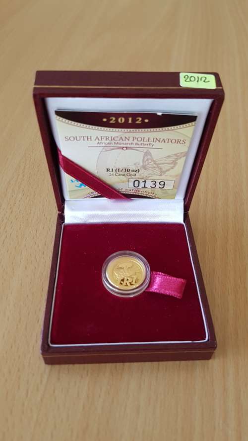 2012 SOUTH AFRICAN POLLINATORS - AFRICAN MONARCH BUTTERFLY R1 (1/10 OZ 24CT GOLD COIN)