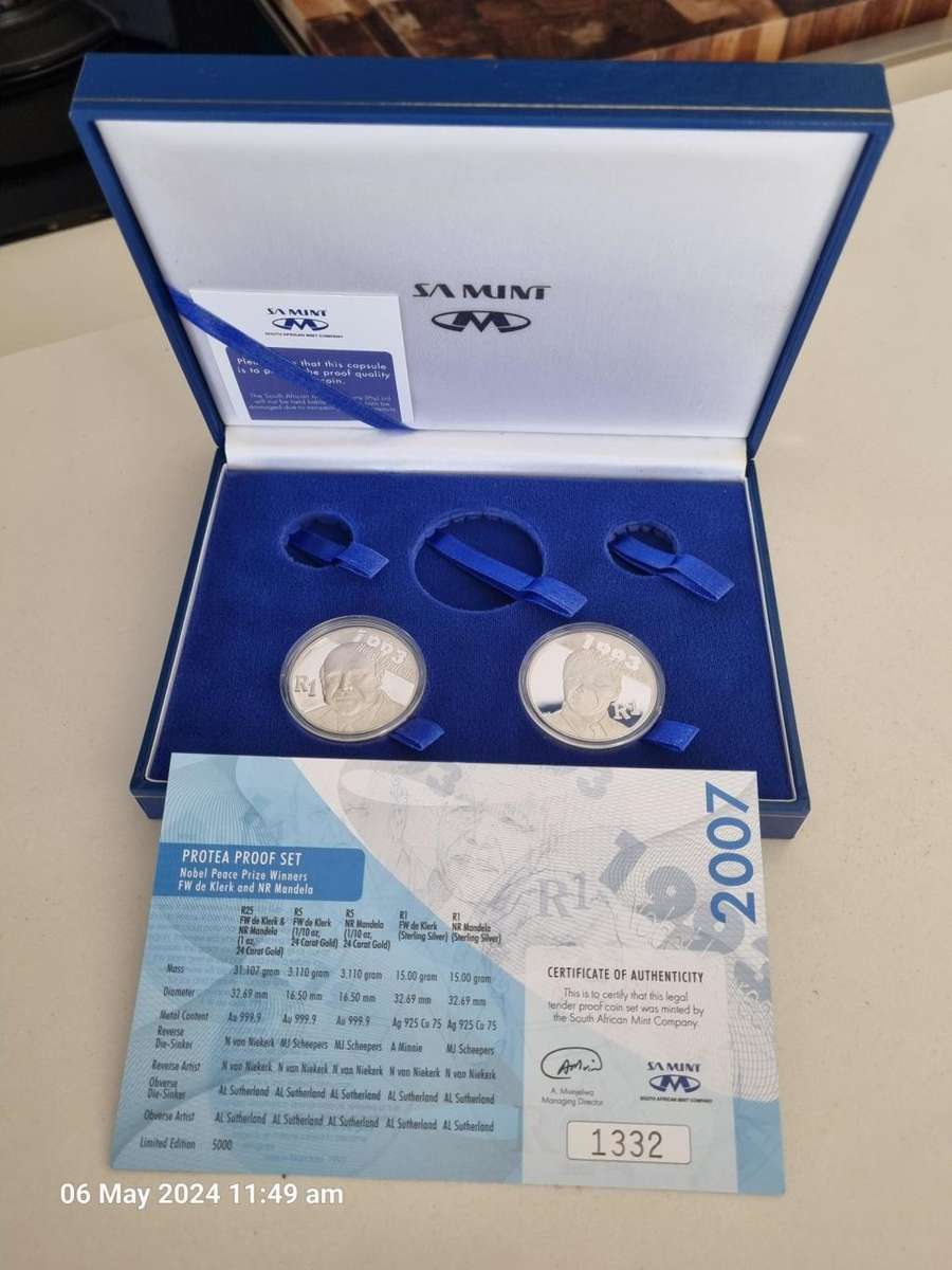 ****1X INCOMPLETE 2007 PROTEA PROOF SET NOBEL PEACE PRICE WINNERS MANDELA & DE KLERK****