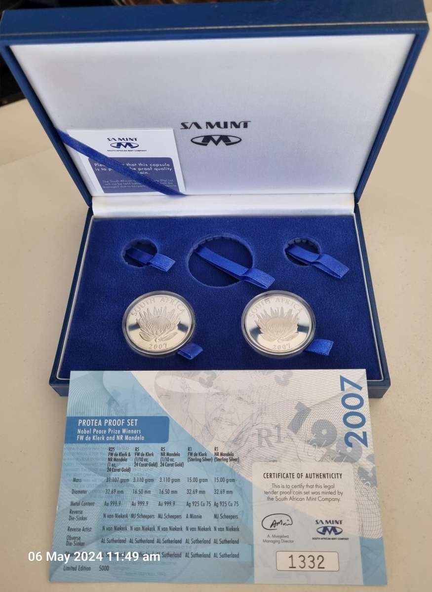 ****1X INCOMPLETE 2007 PROTEA PROOF SET NOBEL PEACE PRICE WINNERS MANDELA & DE KLERK****