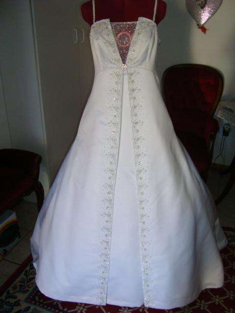 Lovely white satin WEDDING DRESS with pearls and silver beads - size 34