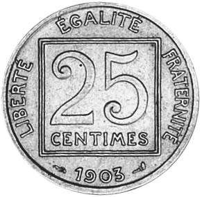 1903 REPUBLIC FRANCAISE 25 CENTIMES NICKEL COIN.