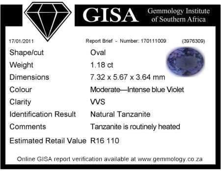 GISA Certified 1.18ct Oval Tanzanite