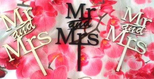 Wooden wedding mr and mrs cake topper - white