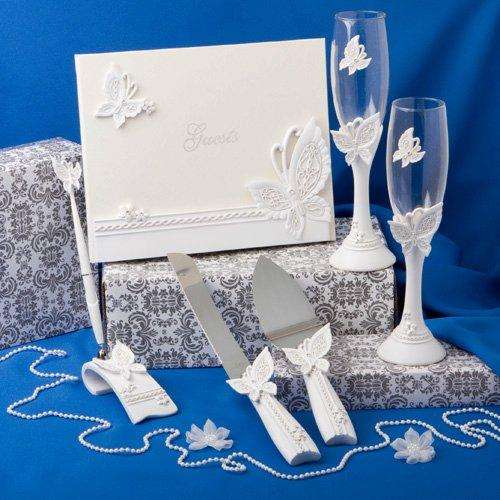 Wedding Butterfly Set - guest book, champagne glasses, pen, cake and knife set