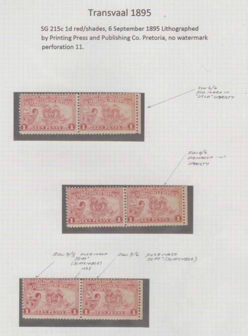 TRANSVAAL SG215c 1d RED/SHADES, 6 SEPT 1895. NO WATERMARK, PERF 11, SEE DESCRIPTION BELOW.