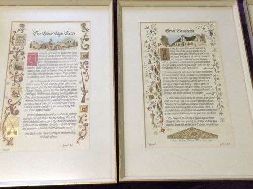 J Hall 4 Gold-Calligraphy illustrated The Castle, Groot Constantia, Kirstenbosch & The Fairest Cape