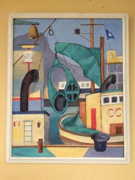 Original Hout Bay Oil Painting "Shapes on Boats" - Thelma Malyon