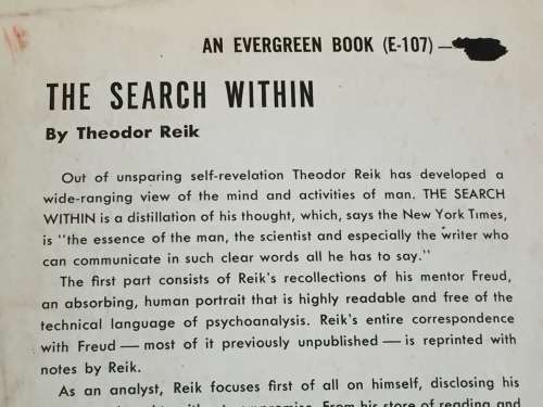 The Search Within: The Inner Experiences of a Psychoanalyst by Theodor Reik