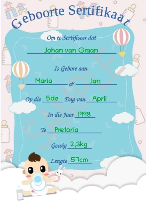 Afrikaans or English Birth Annouchment Certificate Keepsake (Digital)
