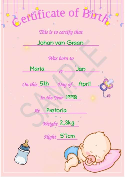 Afrikaans or English Birth Annouchment Certificate Keepsake (Digital)