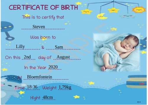 Afrikaans or English Birth Annouchment Certificate Keepsake (Digital)