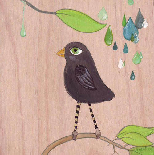 Happy bird with colorful raindrop design Original painting acrylic, watercolor, ink