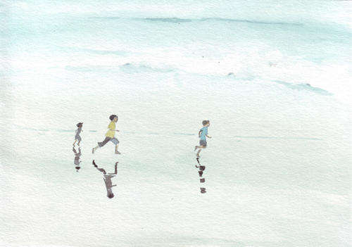 Original beach painting watercolor boys running in waves