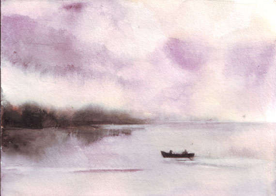 Original watercolor art lake painting boat lovers sunset mist mountains forests water reflections