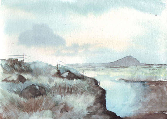 Original watercolor art landscape distant hills rocks grasses river mountains
