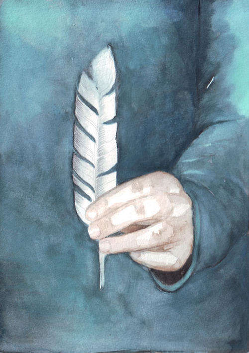 Original watercolor art hand holding white feather turquoise top painting