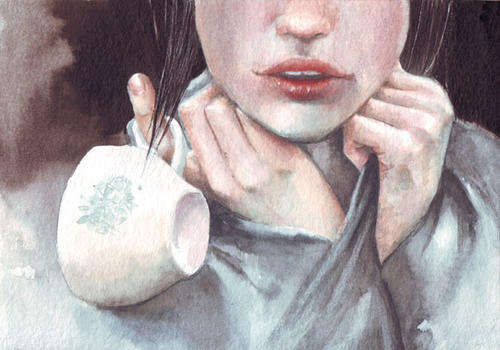 HM036 Original watercolor painting art portrait with teacup by Helga McLeod