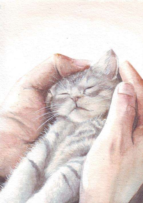 HM078 Watercolor art painting Little Cat in Hands by Helga McLeod