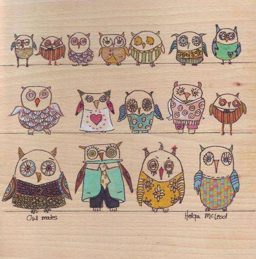 Owl mates - a watercolor and ink painting on wood